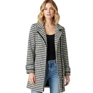 Calvin Klein Womens Houndstooth Coat Wool Blend Black Ivory Zipped Jacket Sz 8